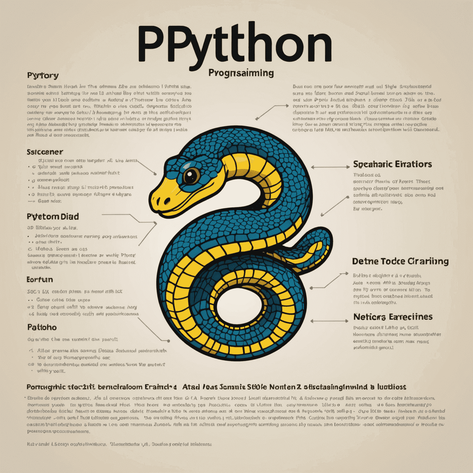 初心者向けPythonプログラミングの基礎を説明する画像。コードエディタ、Pythonロゴ、簡単なコード例が表示されている。