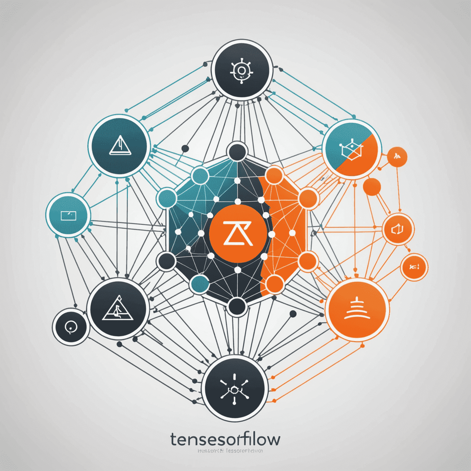 TensorFlowのロゴと機械学習の概念図。ニューラルネットワークの構造とデータフローを示す抽象的な図形。